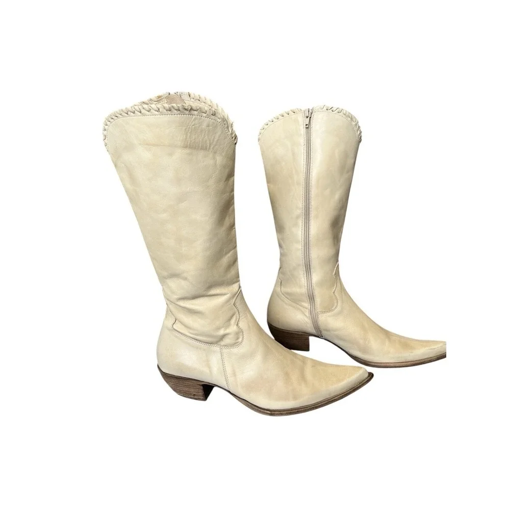 Vintage Pointed Toe Cream Italian Leather Western Boots Stacked Heel Zip Up 9 - Picture 4 of 16